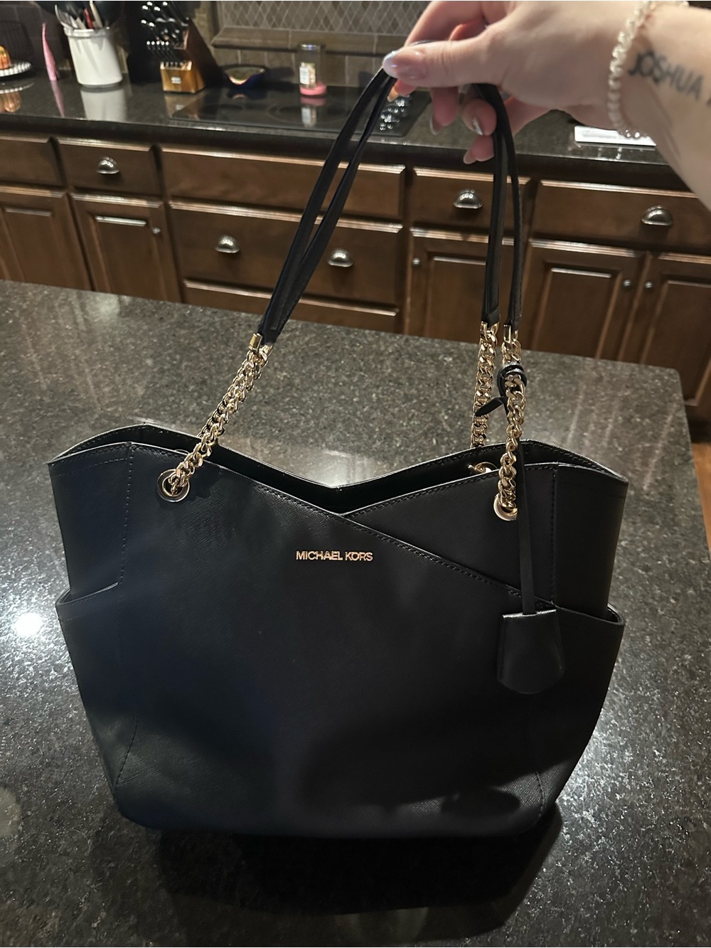 Michael Kors Black Leather Tote with Gold Chain Handles